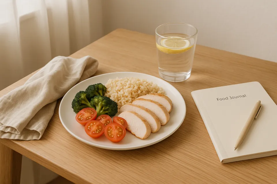 Plate of chicken meat, broccoli, and tomatoes on a wooden table