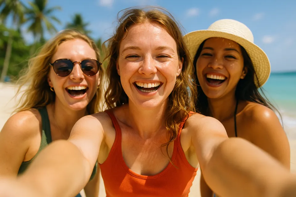 Three friends happily smiling on the beach with palm trees and the sea