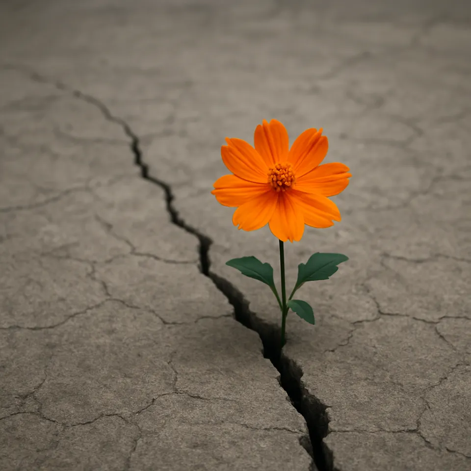 Flor naranja con hojas verdes entre grietas en la tierra