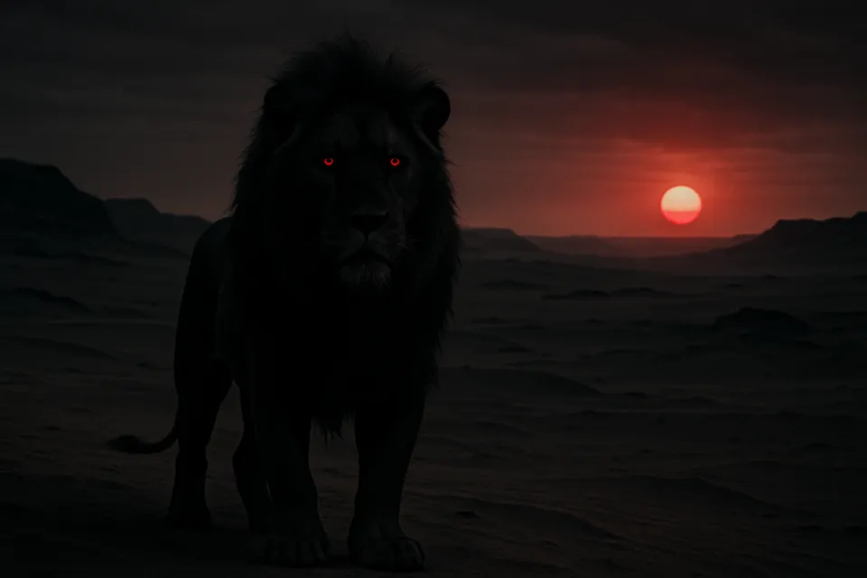 Mystical black lion with red eyes at sunset