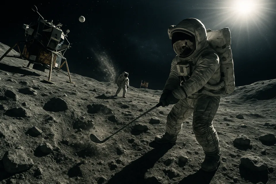 Two astronauts on the Moon, one playing golf, the other observing