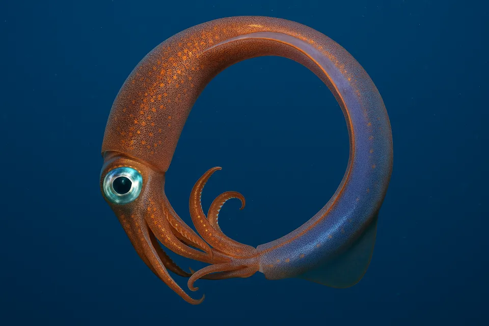 Squid in a ring shape against the blue ocean background
