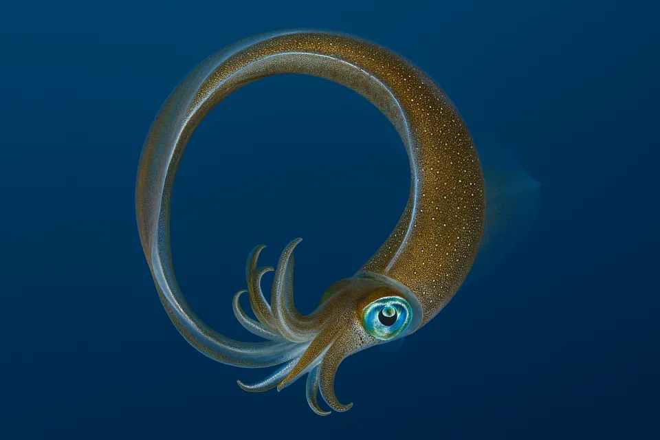 The squid creates a swirling shape underwater against a blue ocean backdrop
