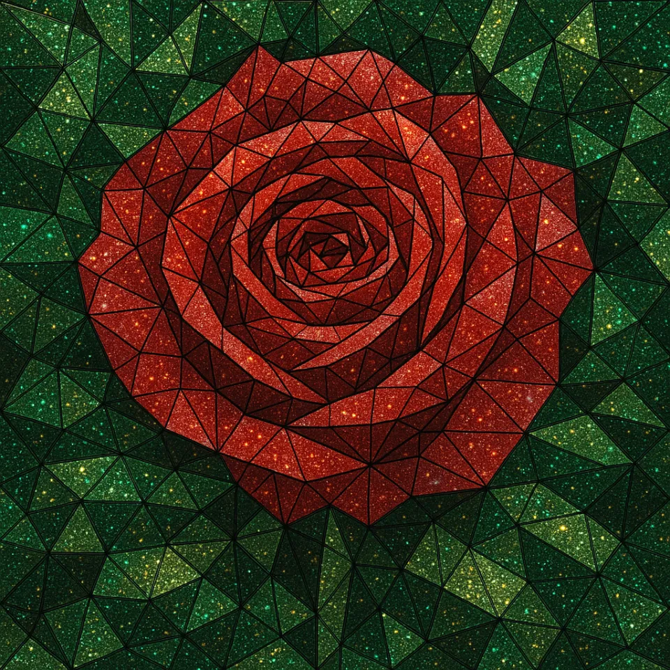 Red rose designed in a geometric mosaic style on a green background