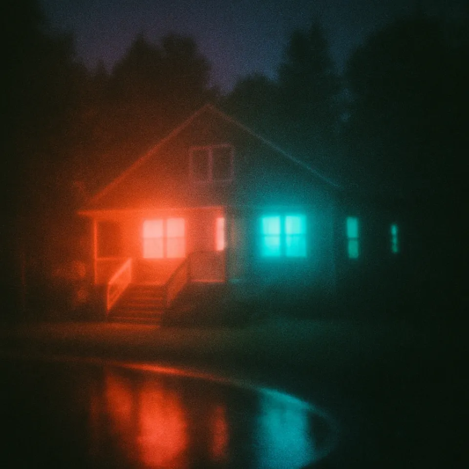 Night landscape with a house illuminated by red and blue lights