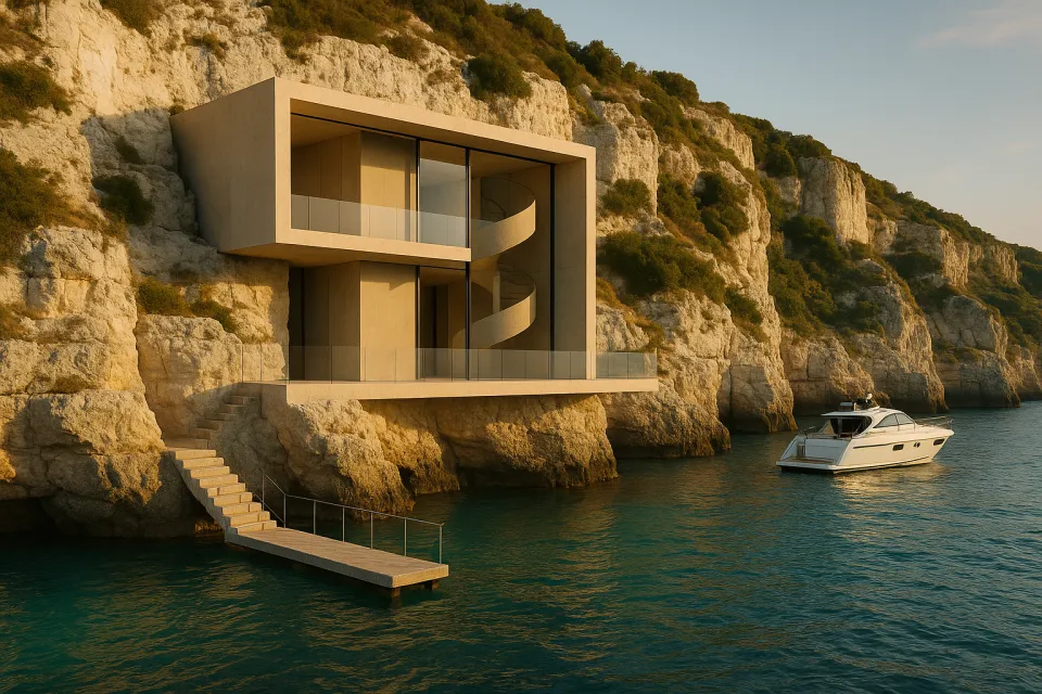 Estructura arquitectónica en la roca con balcones de vidrio y un barco