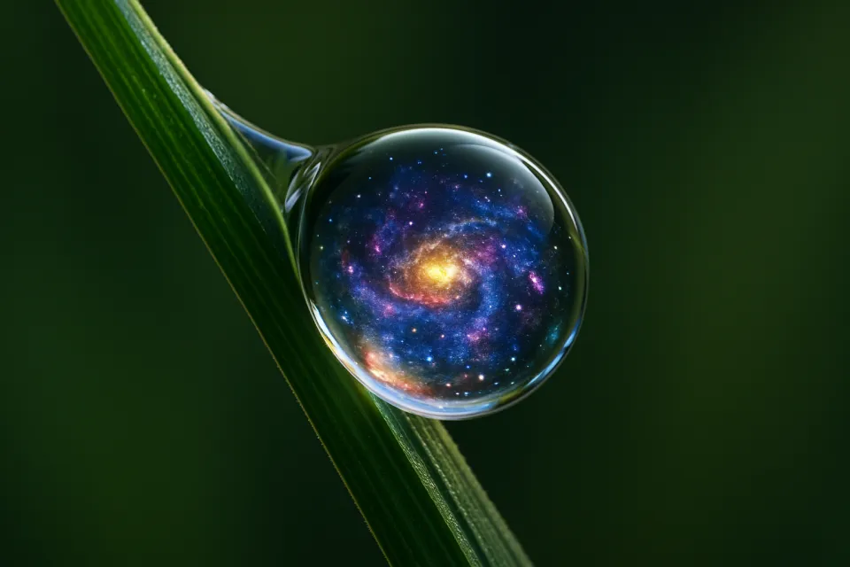 Gota en una brizna de hierba, reflejando la galaxia espacial en su interior