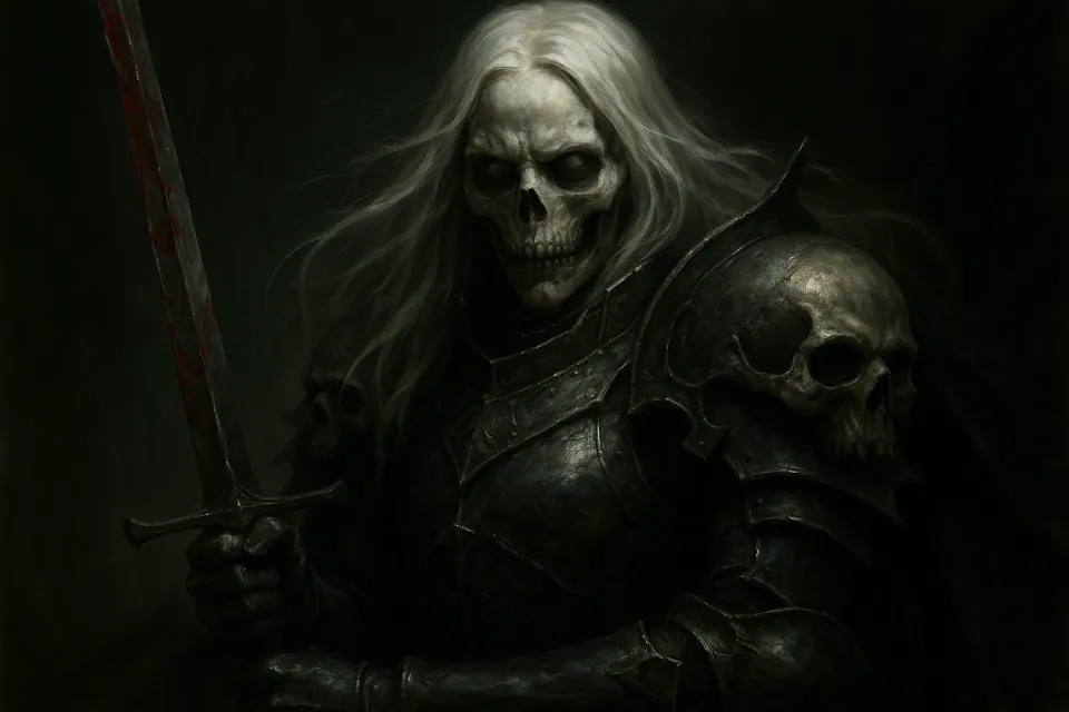 Skeletal Warrior in Armor with a Sword and Skull on His Shoulder