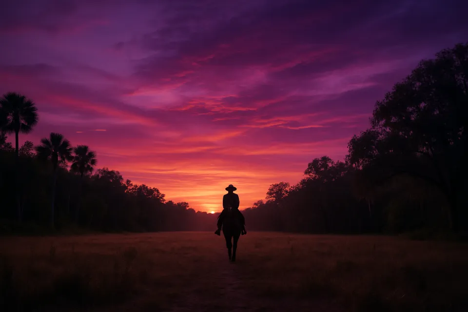 Rider against the backdrop of a bright sunset and palm trees