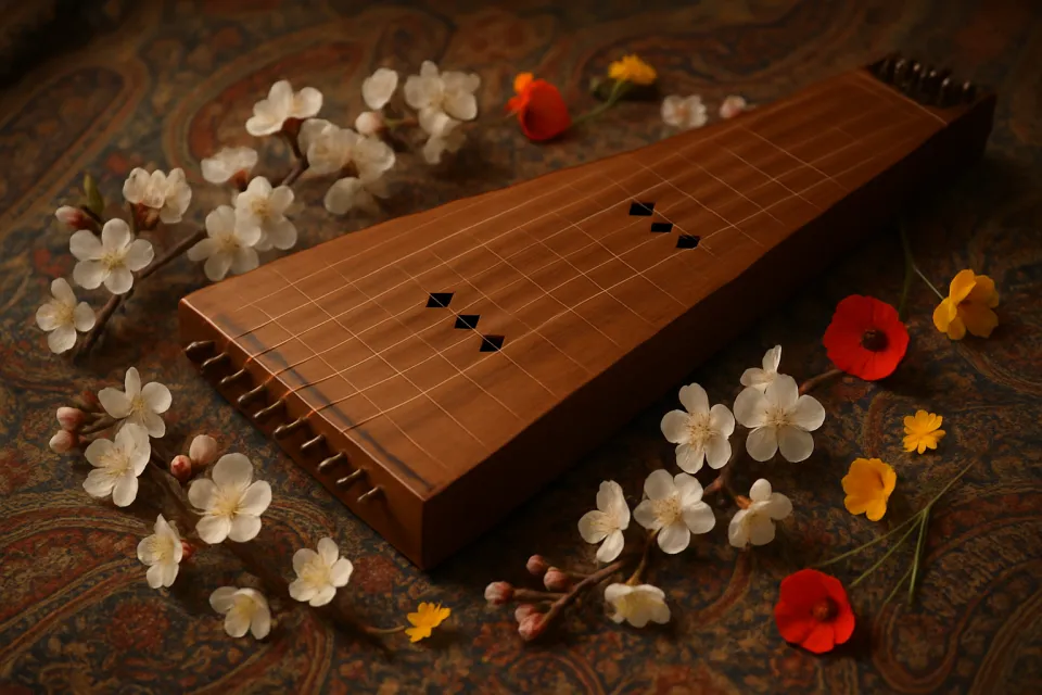 Domra rodeada de delicadas flores sobre un fondo de patrón oriental