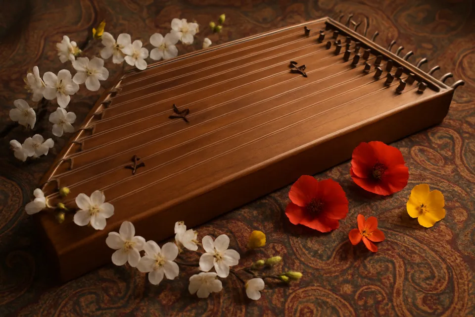 Accordion against a backdrop of white and red flowers and a patterned background
