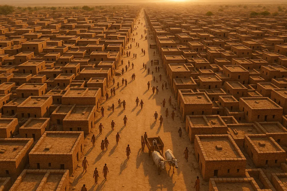 Landscape with a multitude of similar buildings and people