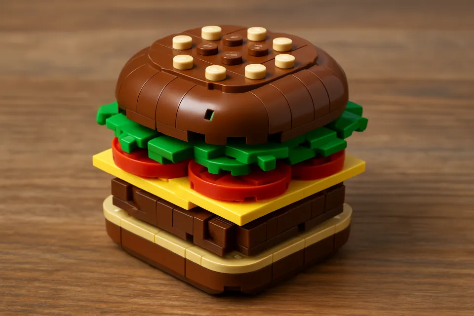 Burger structure made of Lego pieces with vegetables and sauce