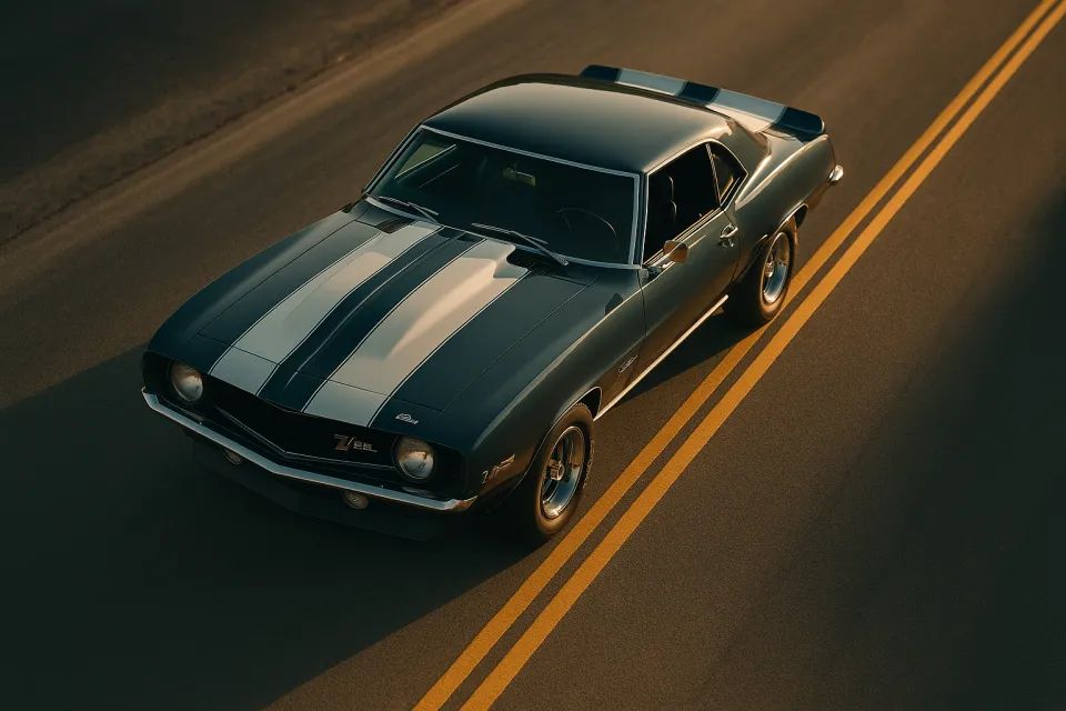 Chevrolet Camaro 1969 года на дороге с желтыми линиями разметки