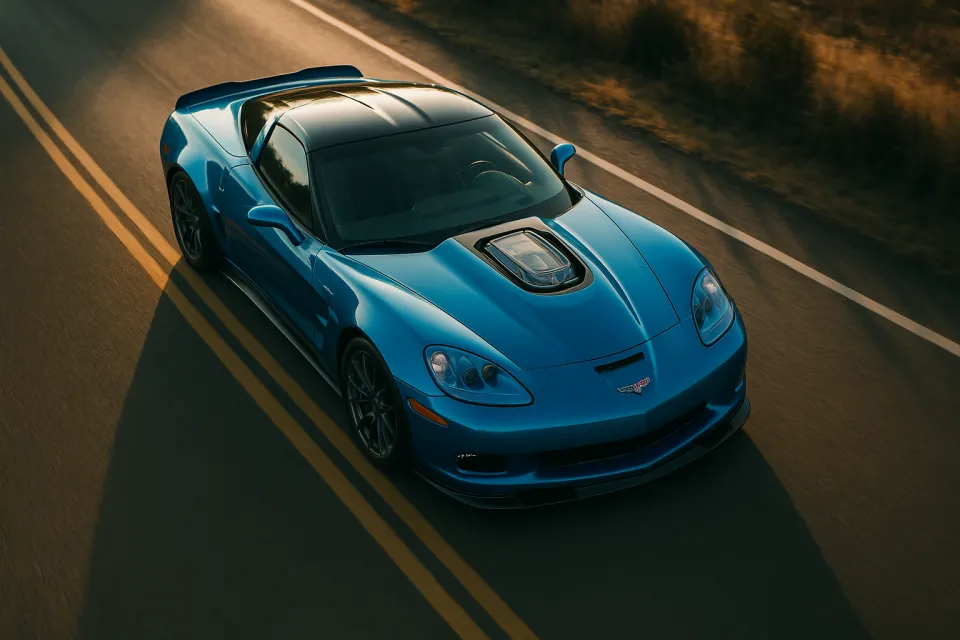 Moderno automóvil deportivo de brillante color azul en una carretera abierta