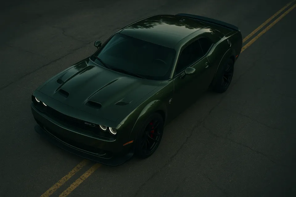 Dark green sports car on an empty road at sunset