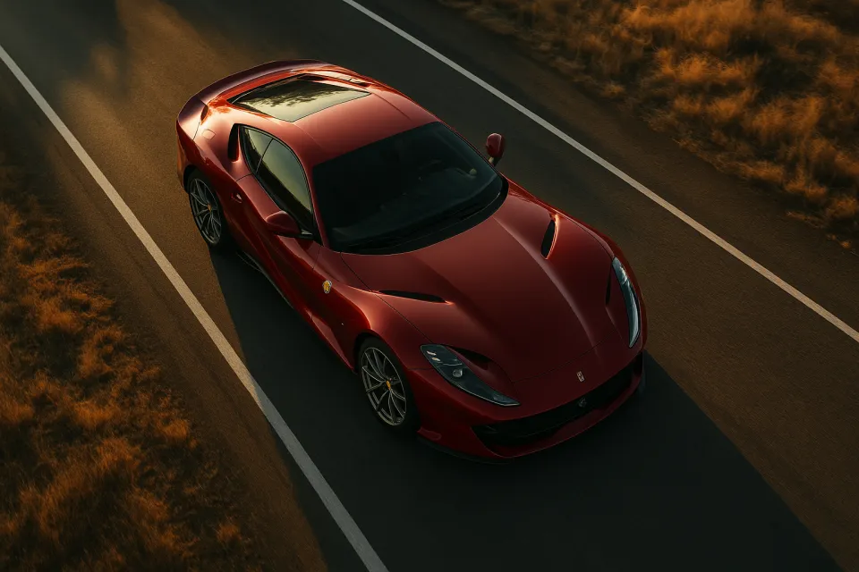 Stylish red Ferrari sports car driving on an empty road