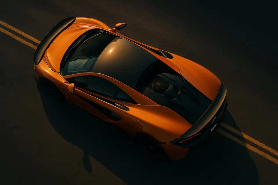 Оранжевый McLaren на асфальтовой дороге под солнечными лучами