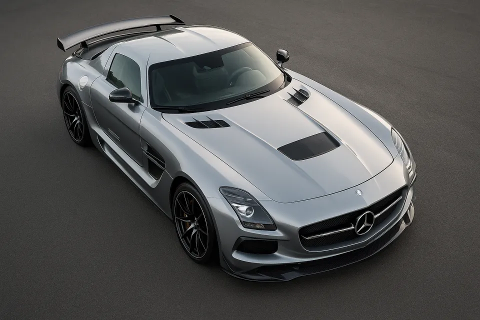 Изображение спереди и сверху спортивного автомобиля Mercedes-Benz SLS AMG