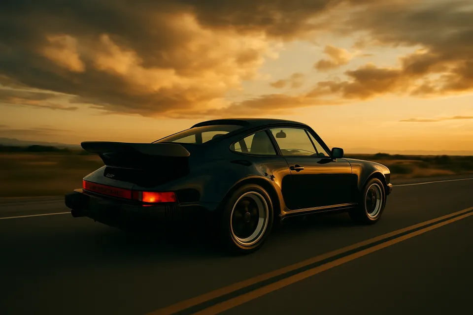 Black Porsche racing down the road with a sunset sky