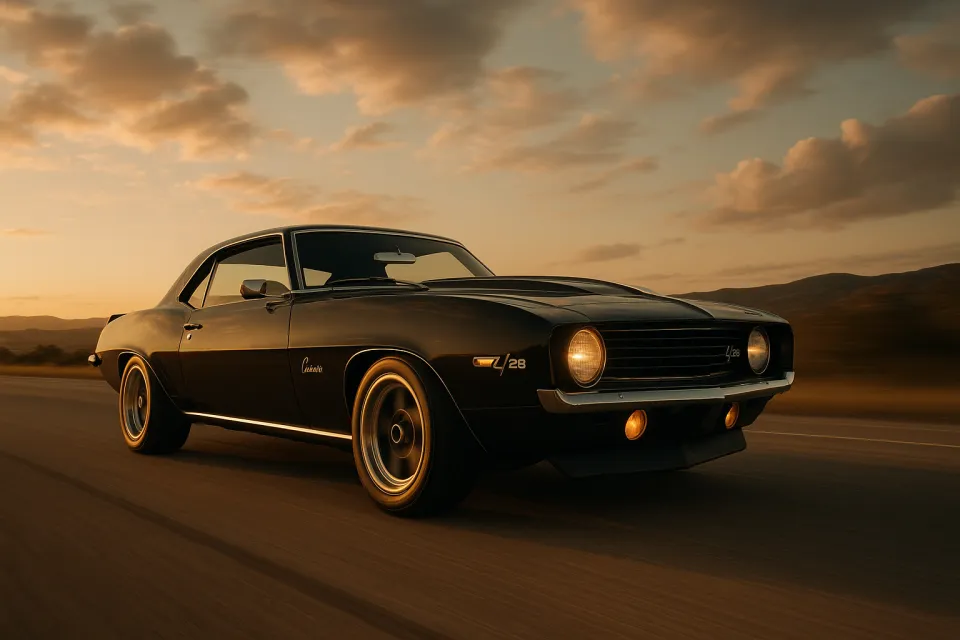 Элегантный черный Chevrolet Camaro на фоне заката