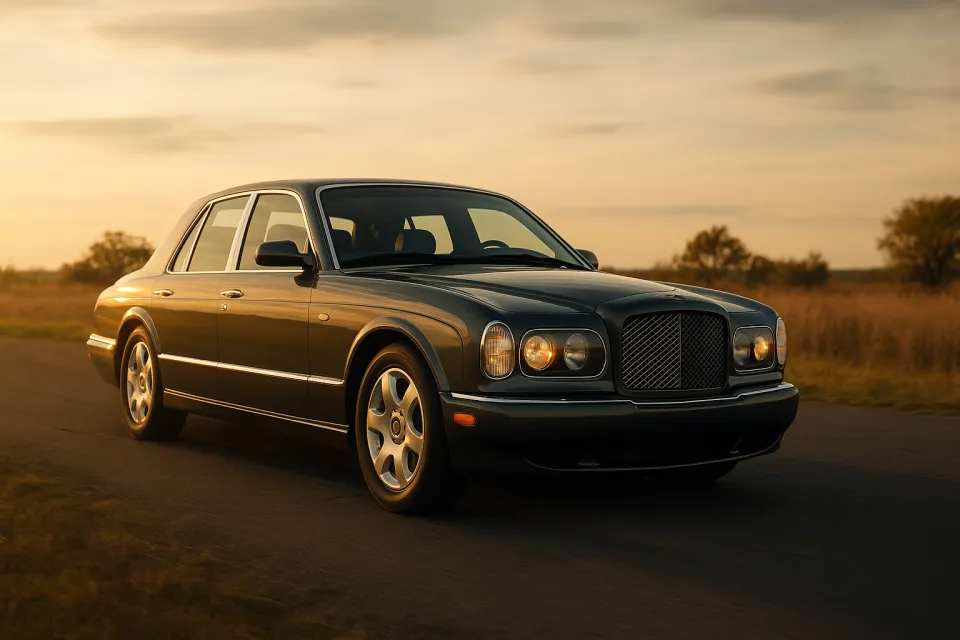 Седан марки Bentley на загородной дороге во время заката