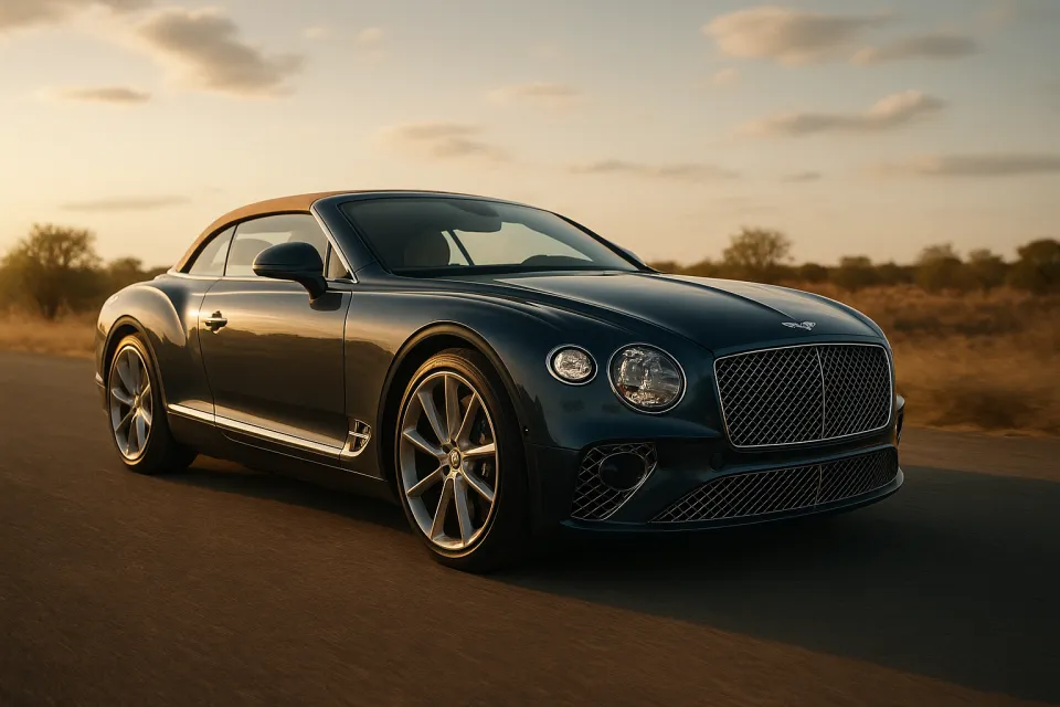 Bentley Continental GT с открытым верхом на фоне загара в природе