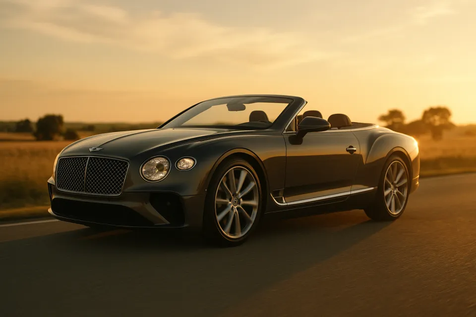 Cabriolet de lujo en la carretera bajo los rayos del atardecer