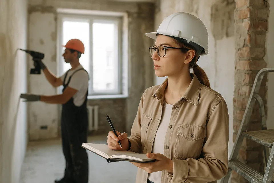 Mujer anotando datos mientras un trabajador perfora las paredes durante la remodelación