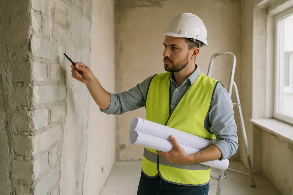 Trabajador en chaleco de construcción inspecciona las paredes frente a una escalera