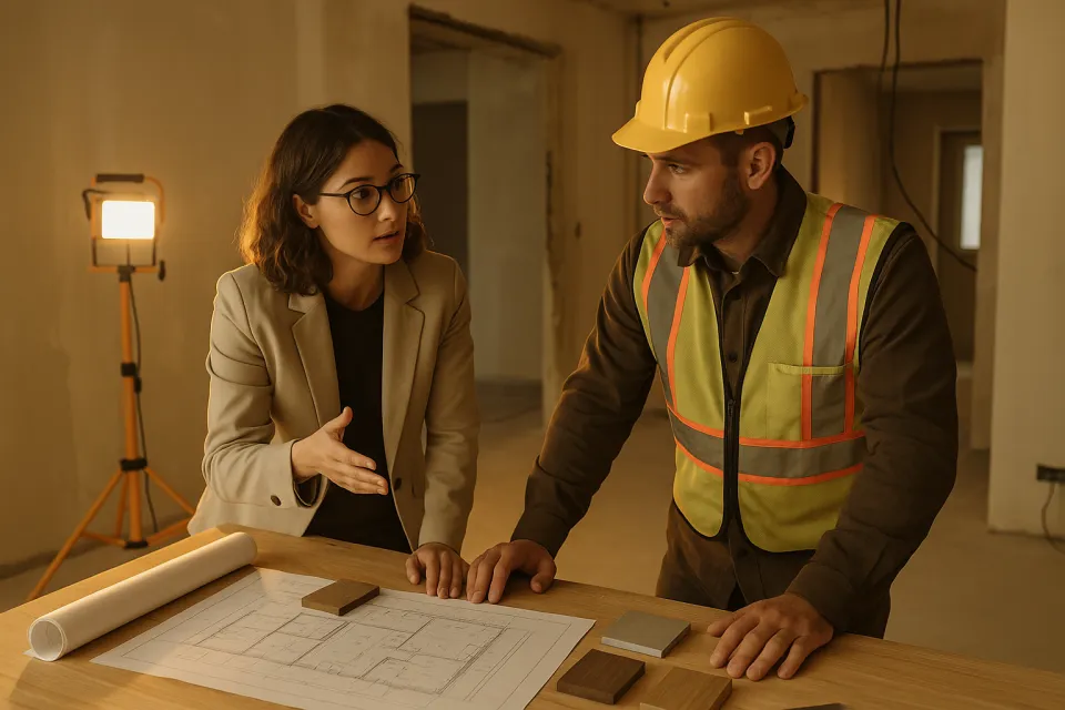 Los empleados en el sitio de construcción discuten planes y materiales para el proyecto