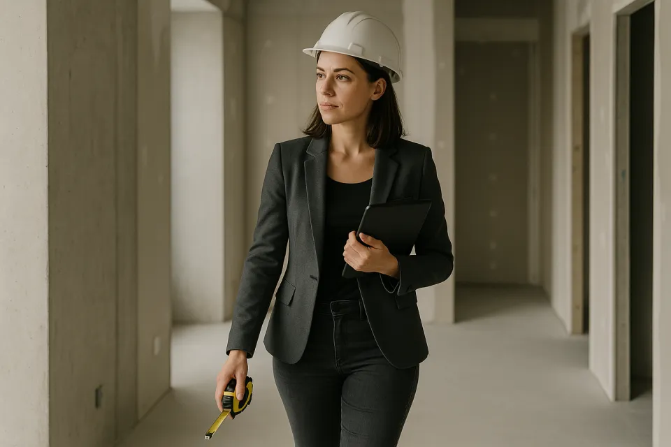 Arquitecta en traje de negocio con casco y cinta métrica en la construcción