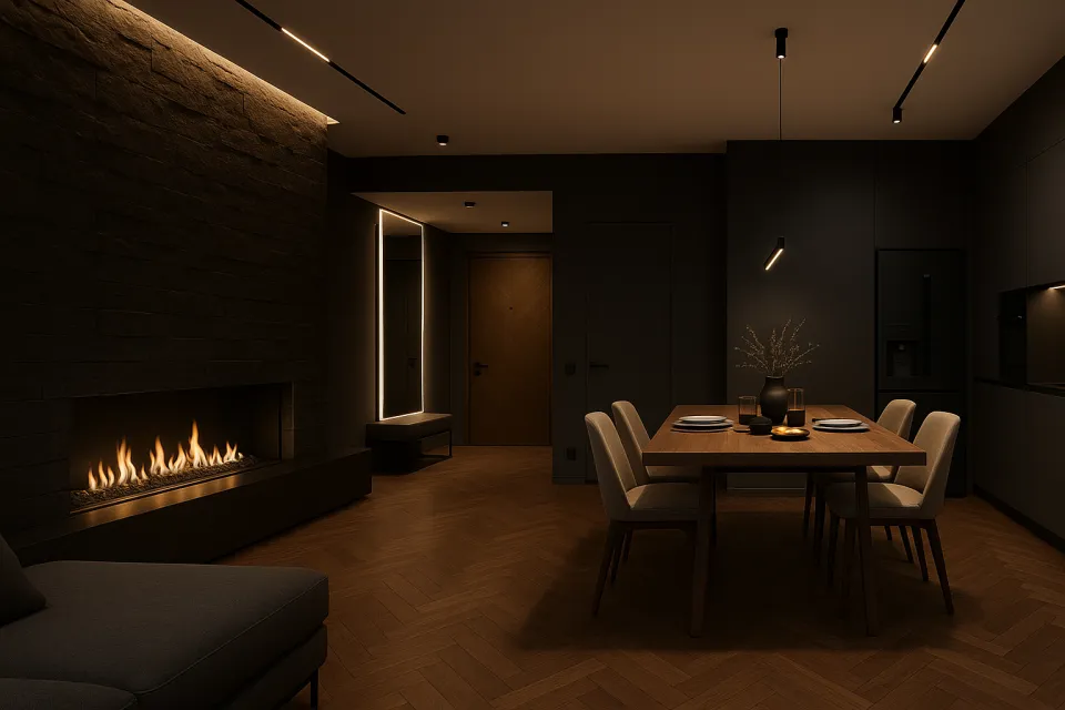 Elegant dining room in dark tones with a cozy fireplace