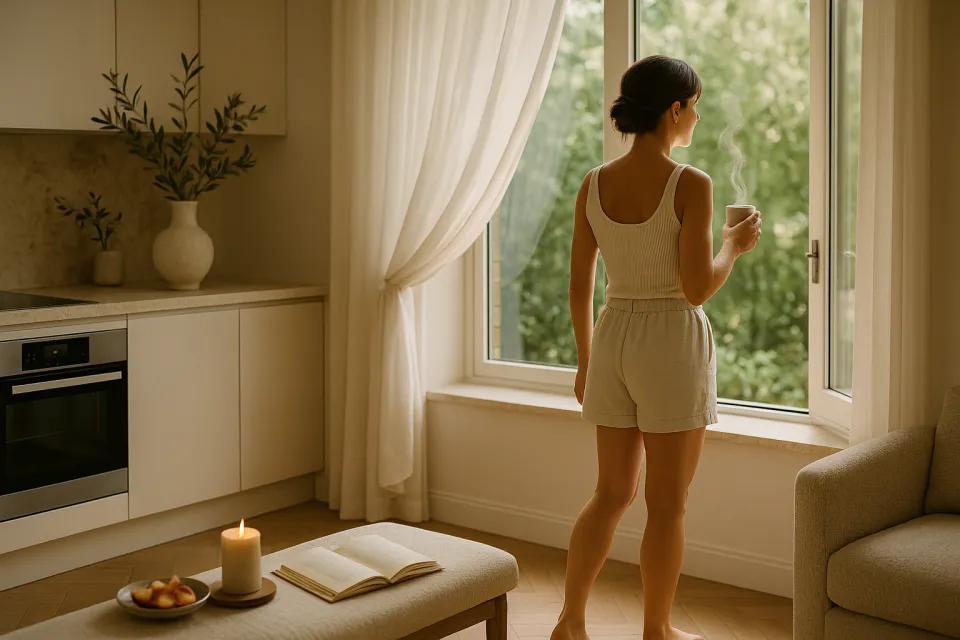 Cozy kitchen with a woman looking out the window holding a cup