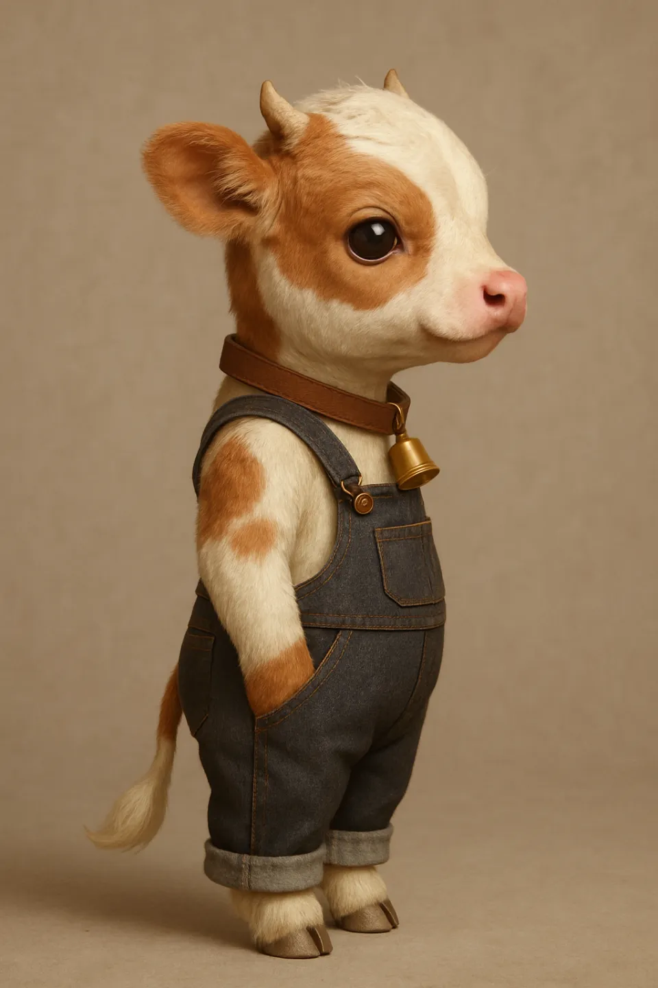 Charming cow in overalls with a bell around her neck