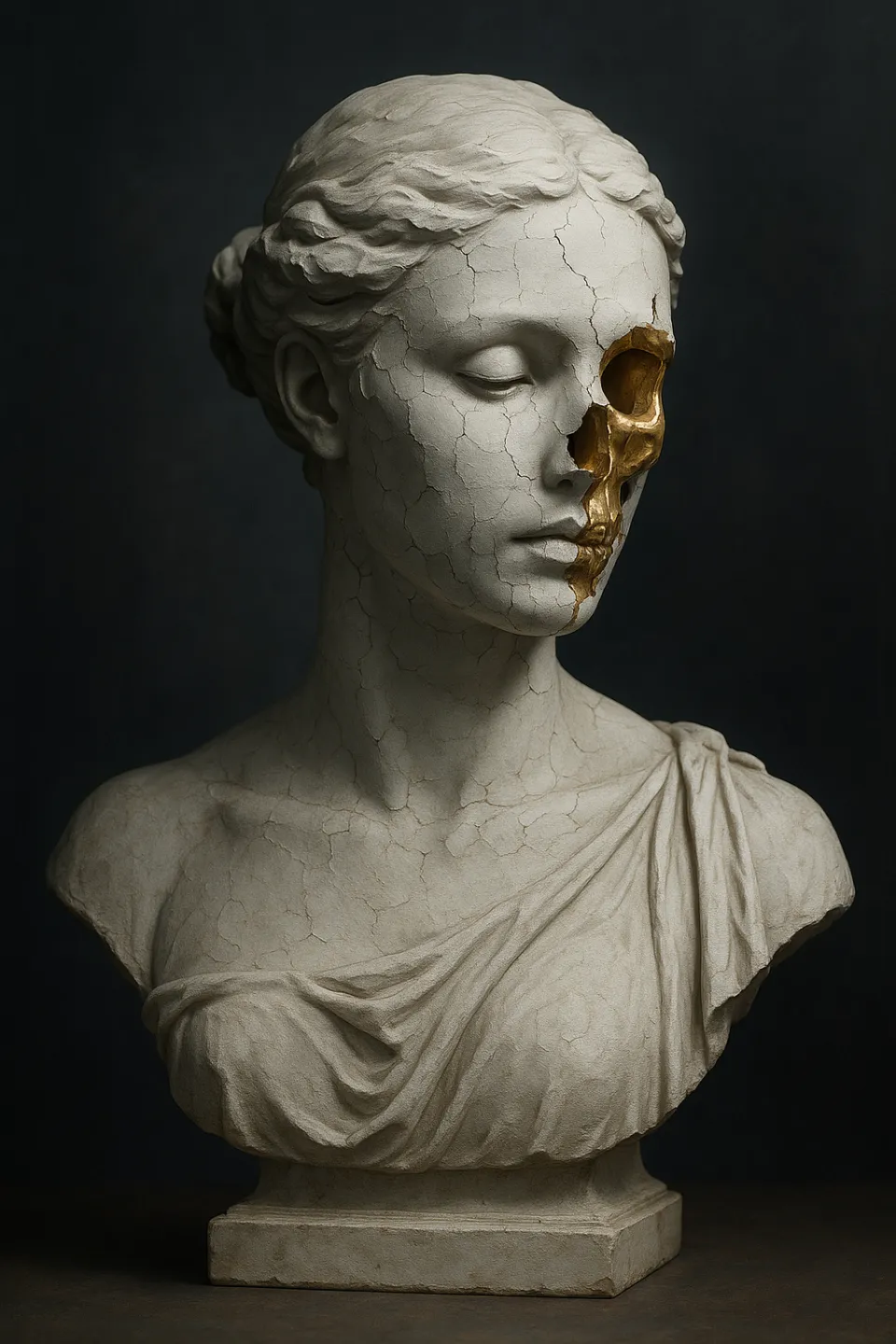 Hermosa escultura de figura femenina con calavera dorada