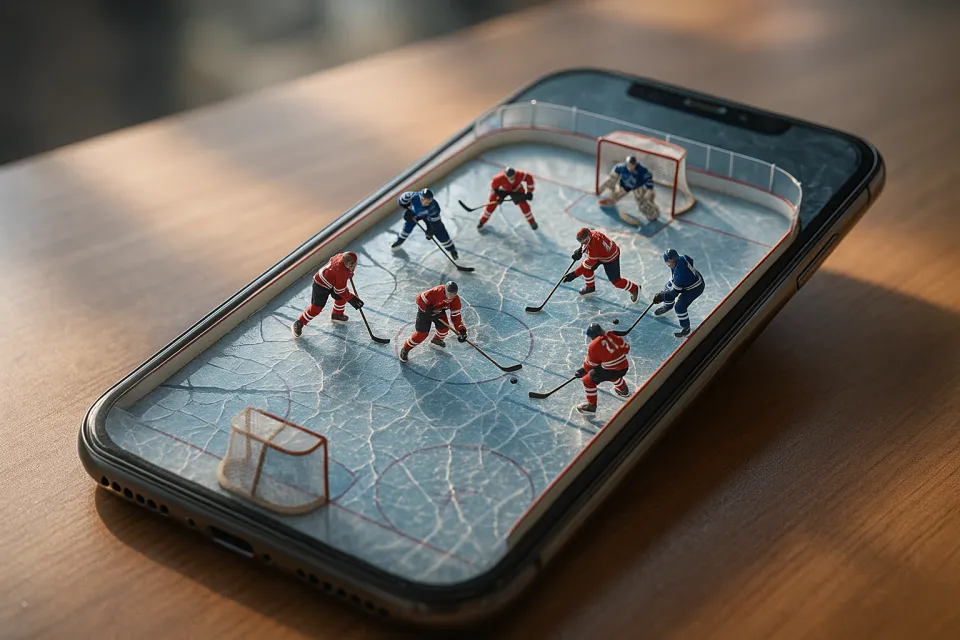 Miniature hockey player figurines on a mobile phone screen