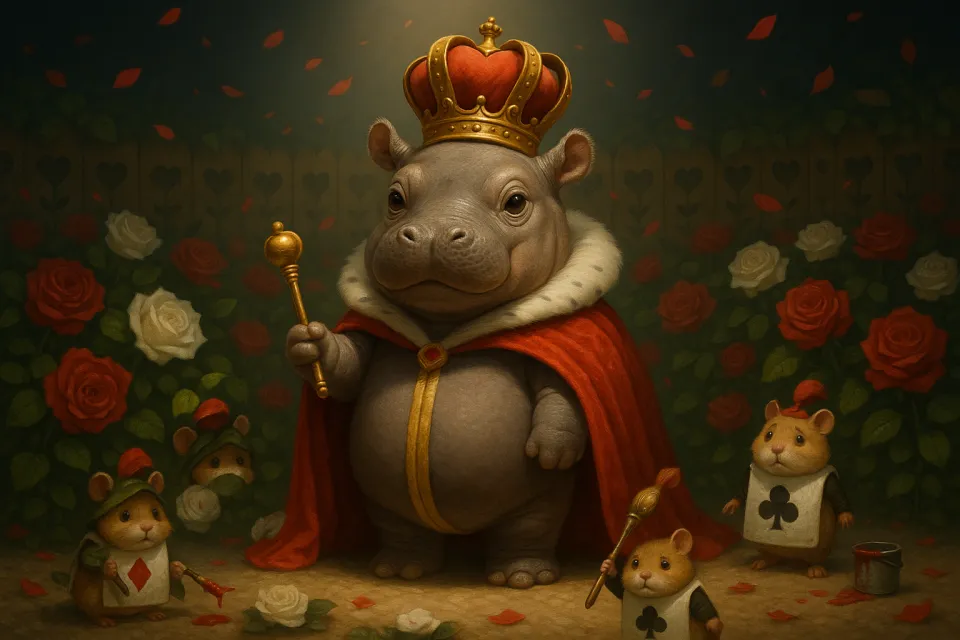 Hippo in royal attire with holy mice surrounded by roses