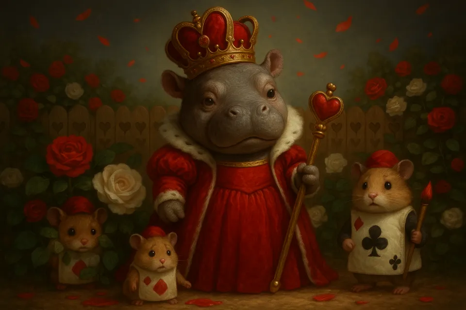 The Hippopotamus in a Red Crown with Two Hamsters in the Royal Garden