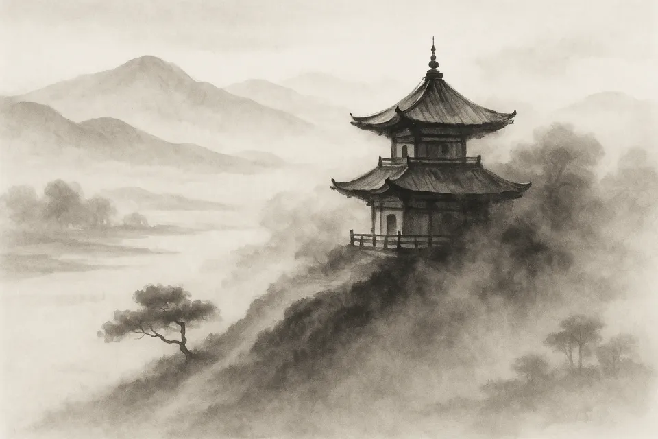 Antiguo templo oriental rodeado de niebla y montañas
