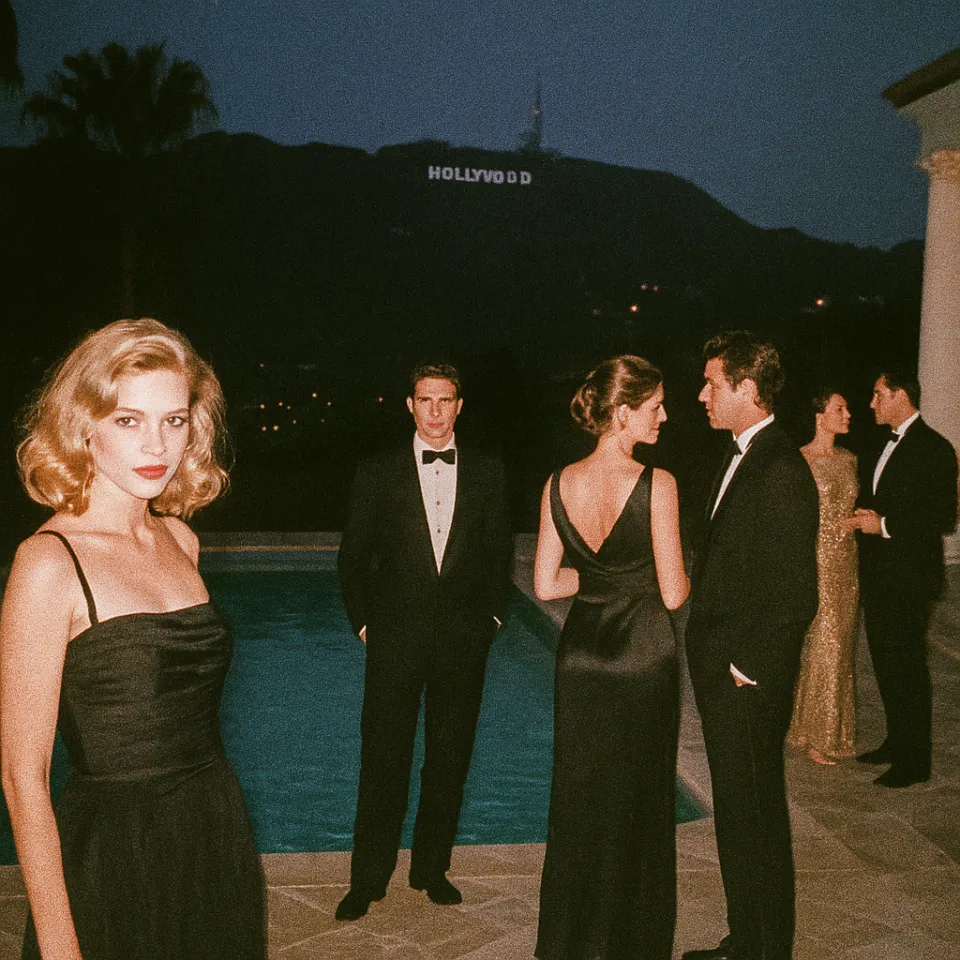 Personas elegantes en una fiesta en la piscina con vista al letrero de Hollywood