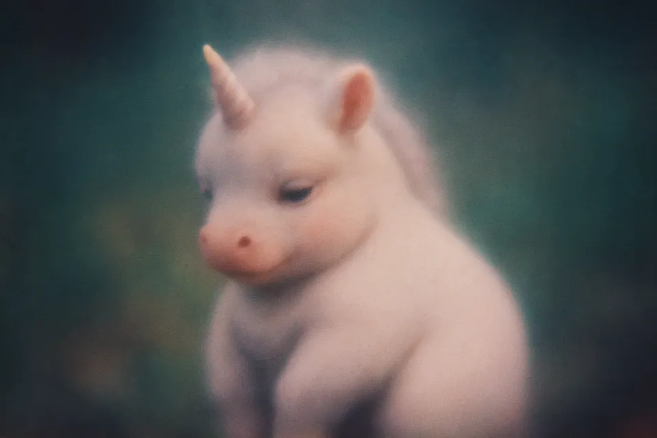 Image of a fluffy unicorn with a pink nose and white fur