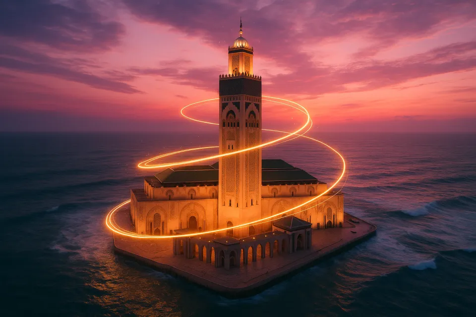 Mezquita abandonada iluminada por la luz del atardecer sobre el mar