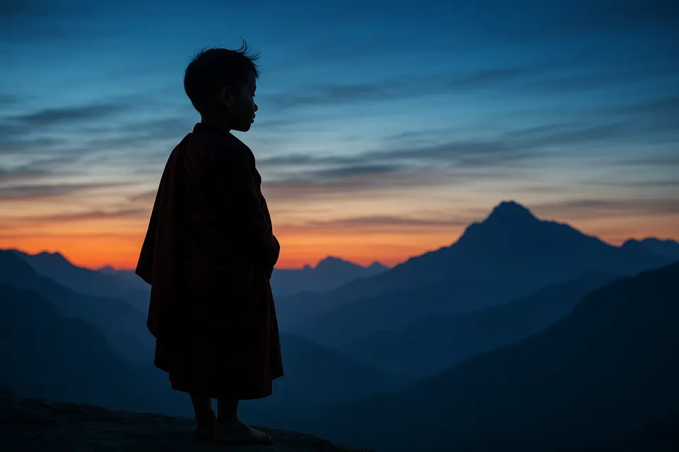 Silhouette de un niño en hábito rojo frente a un paisaje montañoso