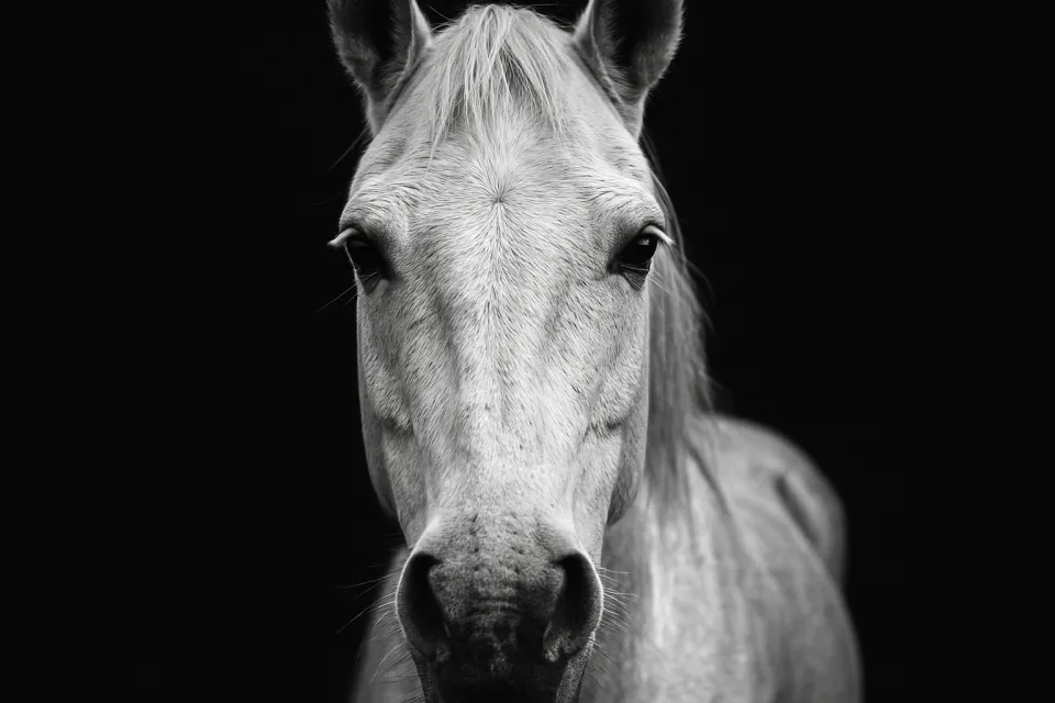 Retrato ampliado de un caballo gris con fondo negro
