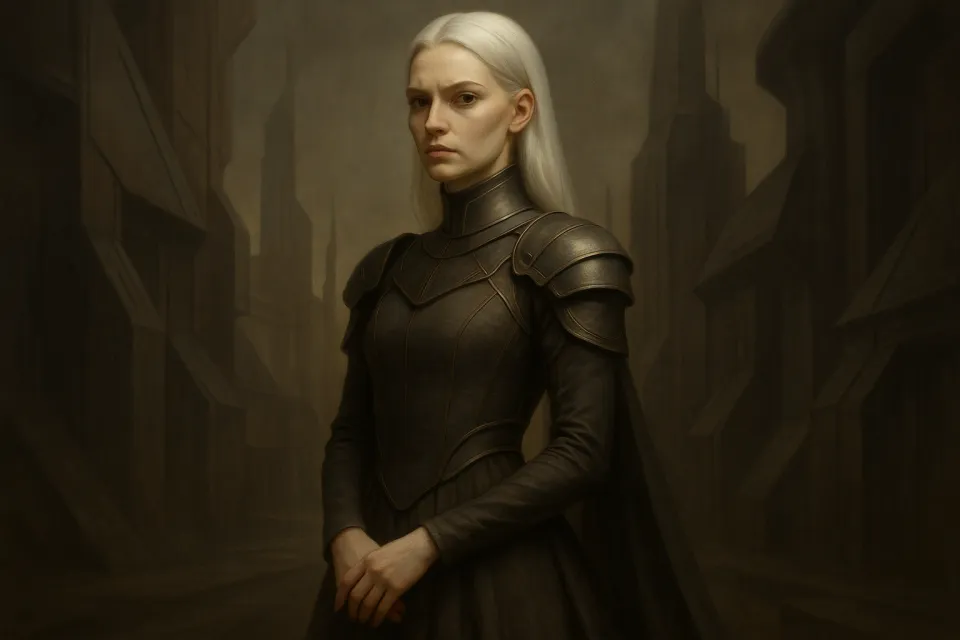A woman in armor with long light hair against a dark city background