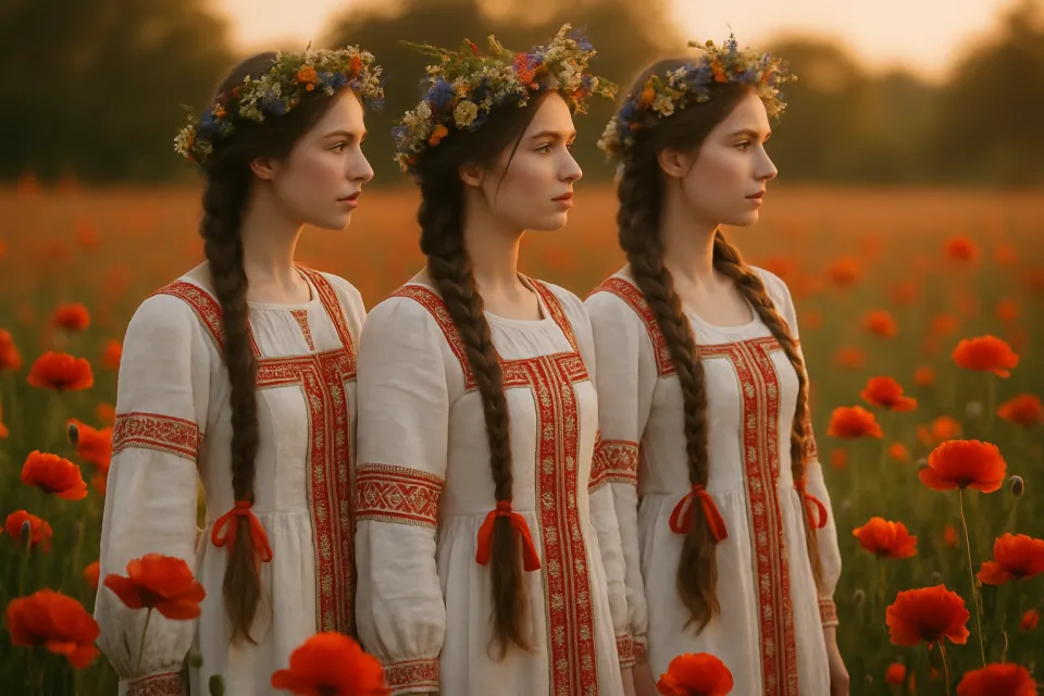 Tres chicas en vestidos blancos con bordados rojos junto a un campo de amapolas