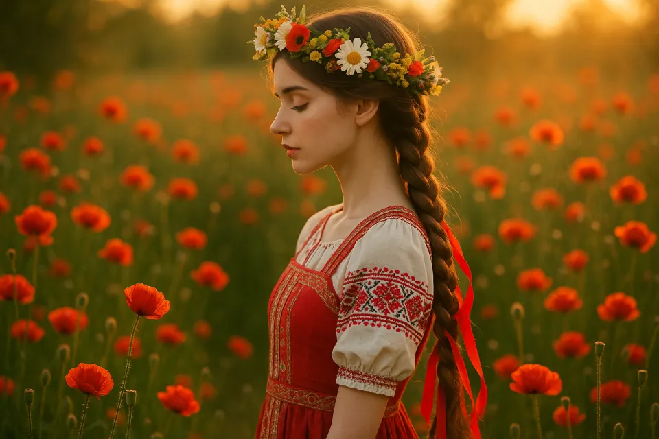 Young woman in a folk costume among fields of poppies