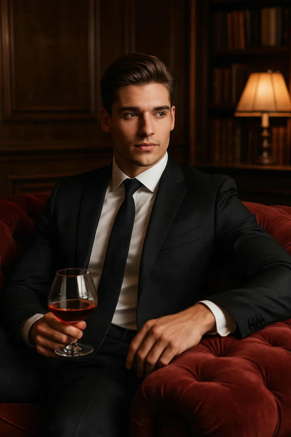 Young man in a formal suit with a glass of wine in a cozy setting