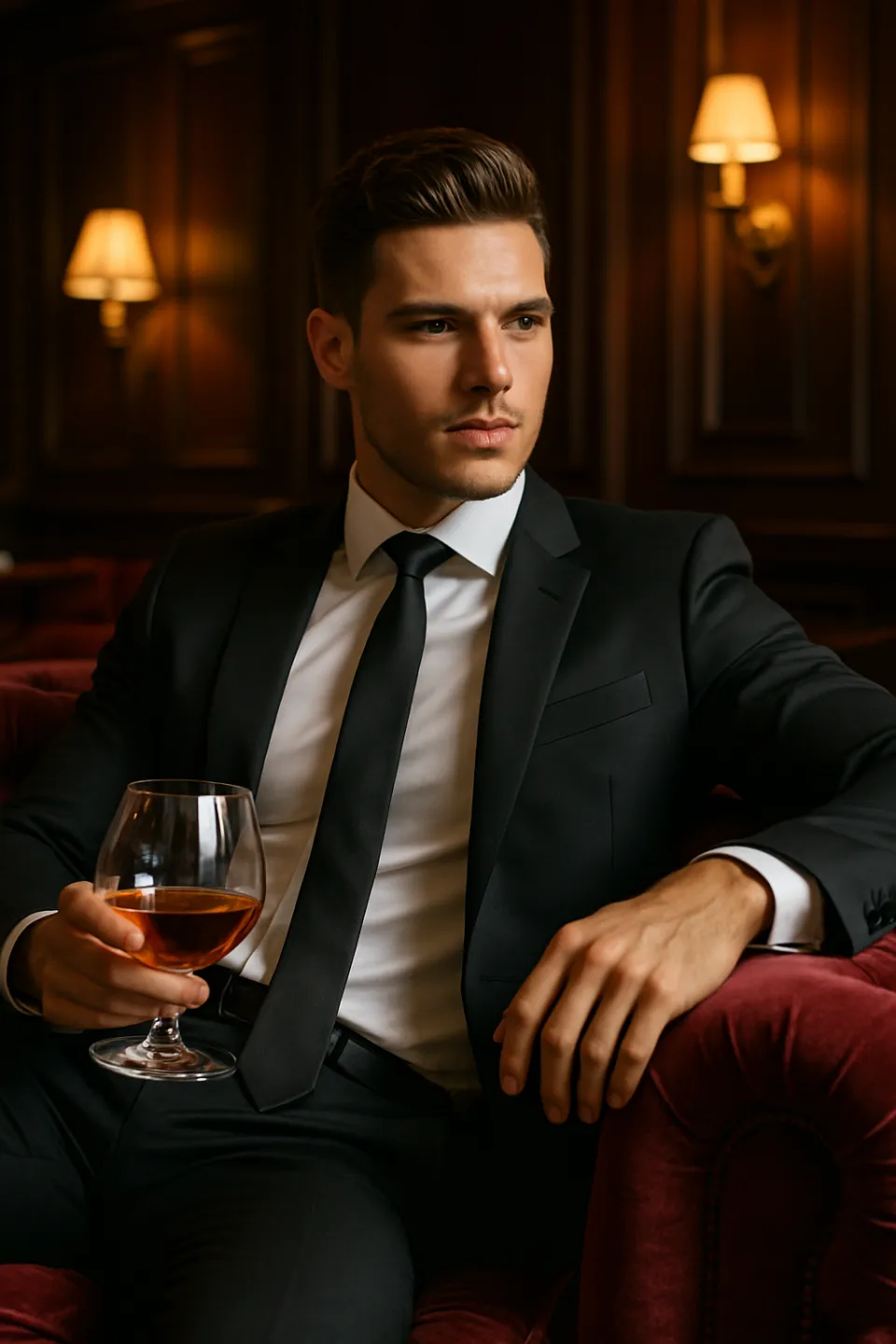 Joven hombre en traje negro relajándose con una copa de bebida alcohólica